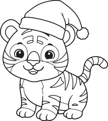 Fototapeta premium Smiling cartoon tiger cub with Santa hat and striped tail, front view, black and white outline for holiday page