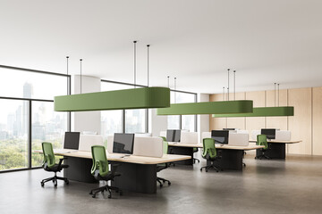 Modern open-space office interior with green acoustic panels, ergonomic chairs, and city view through large windows. 3D Rendering. 3D Rendering