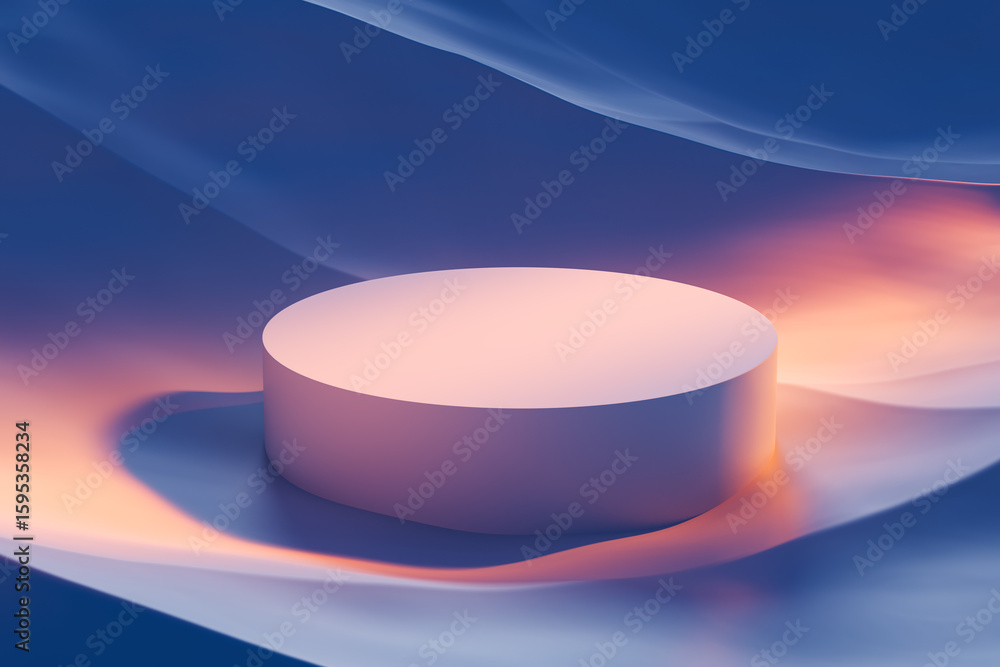 Poster abstract 3d platform with soft pastel lighting surrounded by flowing silky fabric in blue and peach 