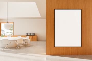 Modern office interior with blank framed poster on wooden wall and clean bright space ideal for mockup, branding, or abstract design template layout. 3D Rendering