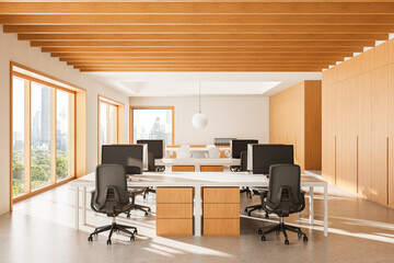Modern open space office interior with wood accents, minimalist desks, ergonomic chairs, and city...