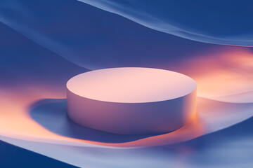 Abstract 3D platform with soft pastel lighting surrounded by flowing silky fabric in blue and peach tones on gradient background. 3D Rendering