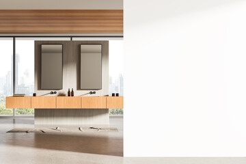 Modern bathroom interior with wooden vanity and blank white wall for poster or art mockup template in bright minimalist design layout concept. 3D Rendering