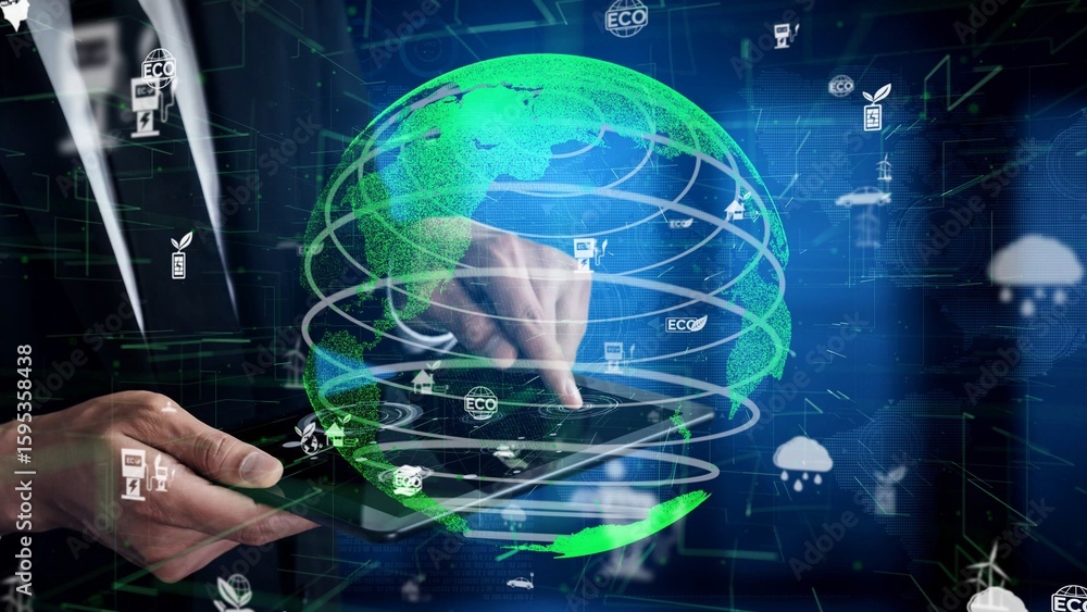 Poster this image illustrates a hand interacting with a virtual globe, symbolizing the integration of digit
