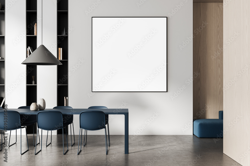 Poster modern dining room interior with blank square poster on white wall for mockup and design presentatio