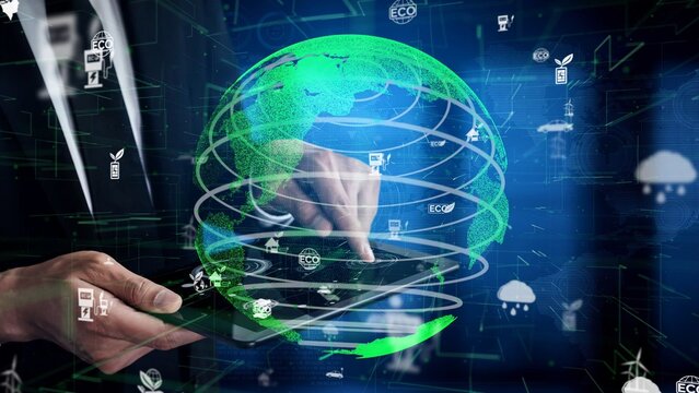 This image illustrates a hand interacting with a virtual globe, symbolizing the integration of digital technology and eco-friendly solutions in modern society. Xenic