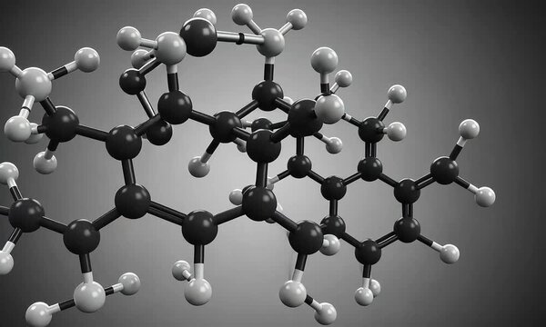 Three Dimensional Molecular Model Against Grayscale Gradient Background with Interconnected Spheres and Bonds