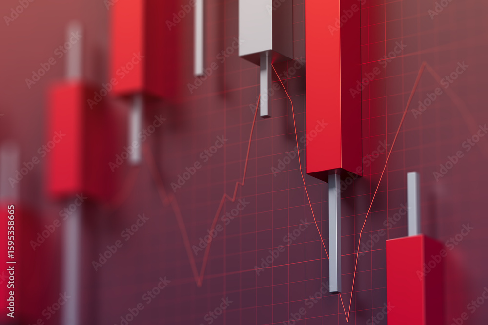 Poster 3d rendering of red candlestick chart bars with fluctuating trend line on grid background representi