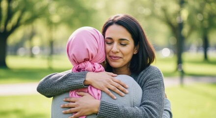 Two women hugging in a park supporting each other through difficult times
