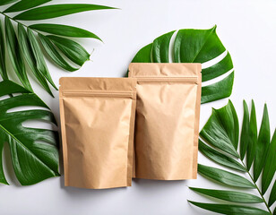 Kraft Paper Sachet Packaging Mockup with Tropical Leaves.grow, growth, money, interior, gardening, home, isolated, paper, botany, decoration, flora, flower, flowerpot, green, house, houseplant, leaf,