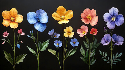 Vibrant Floral Arrangement A Spectrum of Colorful Flowers on Black Background