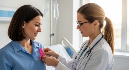 Medical Professional Attaches Pink Ribbon Symbol to Patient Chest Raising Awareness for Breast Cancer Support