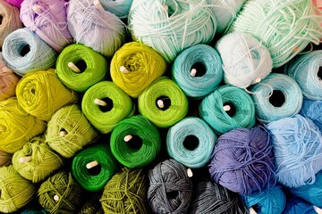 These colorful pictures show a neatly arranged and colorful set of spools and bobbins. The yarn is neatly stacked.
