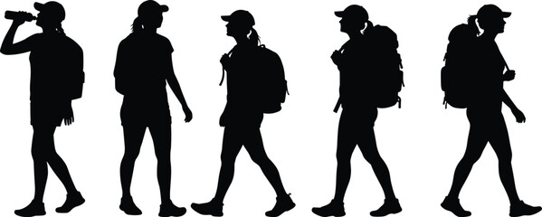 Traveler silhouettes in motion, walking with backpacks, drinking water, casual poses, flat vector cad drawing for outdoor activity themes