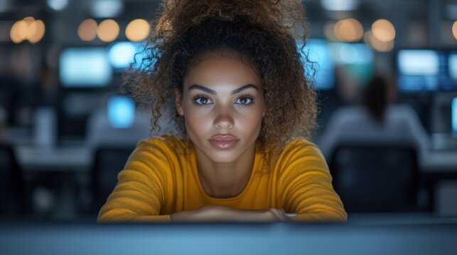 Focused young woman programmer working late at night in a modern office.  She is deeply concentrated on her computer screen, showcasing determination and dedication. - Powered by Adobe