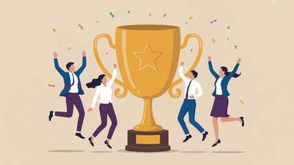 A flat design illustration of four diverse business people celebrating around a large golden trophy cup. The trophy has a star emblem on its side and two curved handles on either side .