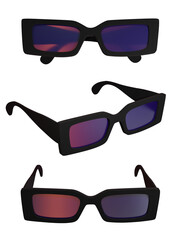 Sunglasses with colored lenses in folded and unfolded form, isolated on transparent background. 3D render.
