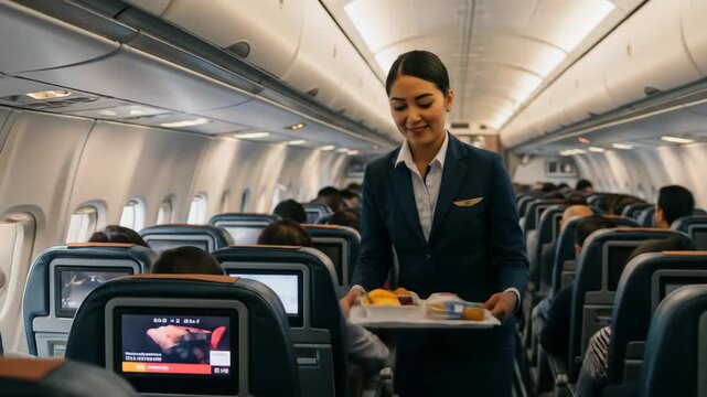 Flight Attendant Serving Refreshments on Airplane - A flight attendant in a navy blue suit serves snacks and drinks to passengers on a commercial airplane.