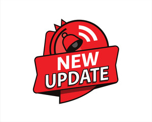 New Update Notification Icon – Red Alert Banner with Bell Symbol in Flat Design

