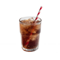 Refreshing soda drink in a clear glass with ice and a red striped straw, perfect for quenching your thirst on a hot day, white isolated background.