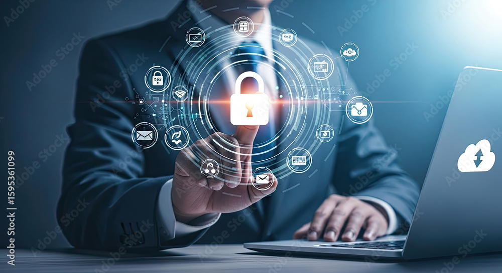 Poster cybersecurity professional securing data with digital lock and laptop, protecting information online