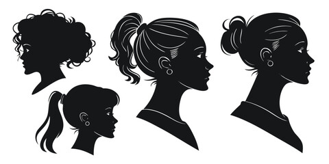 Diverse Female Profile Silhouettes – Minimalist Vector Hairstyle Collection for Avatars & UI Design