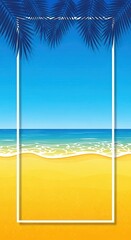 Tropical beach scene framed by palm leaves, showcasing a tranquil ocean and golden sand.