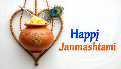 A decorative pot filled with butter and a peacock feather for happy janmashtami celebration