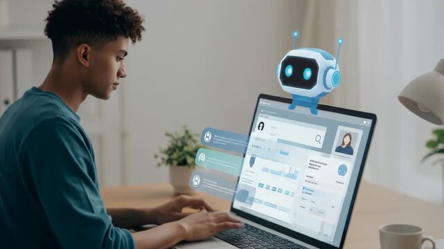 Young Man Using AI Chatbot for Online Profile Management - A young man sits at his desk, focused on his laptop screen, interacting with a virtual AI assistant.
