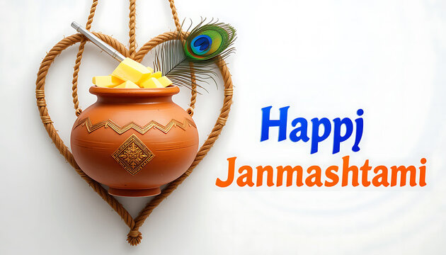 A decorative pot filled with butter and a peacock feather for happy janmashtami celebration - Powered by Adobe