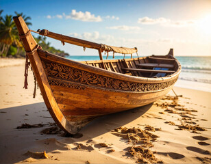 A rustic wooden fishing pirogue (dugout canoe) with traditional carvings, resting on a sandy beach at low tide.
