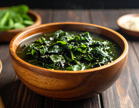 A close-up of Eru (spinach and waterleaf soup), thick and dark, with smoky flavor, served in a wooden bowl.