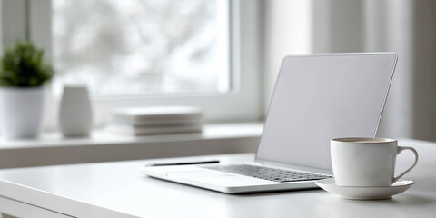 Minimalist workspace featuring a sleek laptop on a white desk, accompanied by a coffee cup and small potted plant, creating a serene and productive atmosphere for work