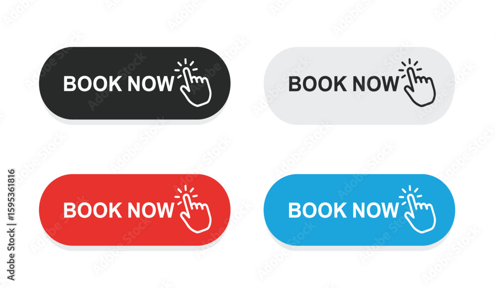 Poster colorful book now buttons with hand click icon for website design