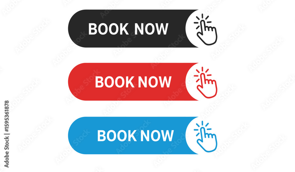 Poster colorful book now buttons with hand cursor icons for website design