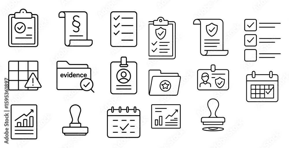 Poster set of icons for a document management system. the icons include a calendar, a file folder, a check 