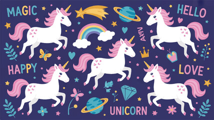 A whimsical illustration of four white unicorns with pink manes and tails on a deep navy blue background. The unicorns are decorated with small pink spots and stars.  