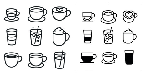 Collection of various coffee cups and glasses, including mugs, cups, and glasses. The cups and glasses are arranged in different sizes and shapes, with some having handles and others without