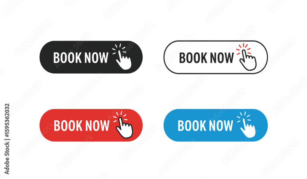 Poster collection of book now buttons in various colors and styles for web design