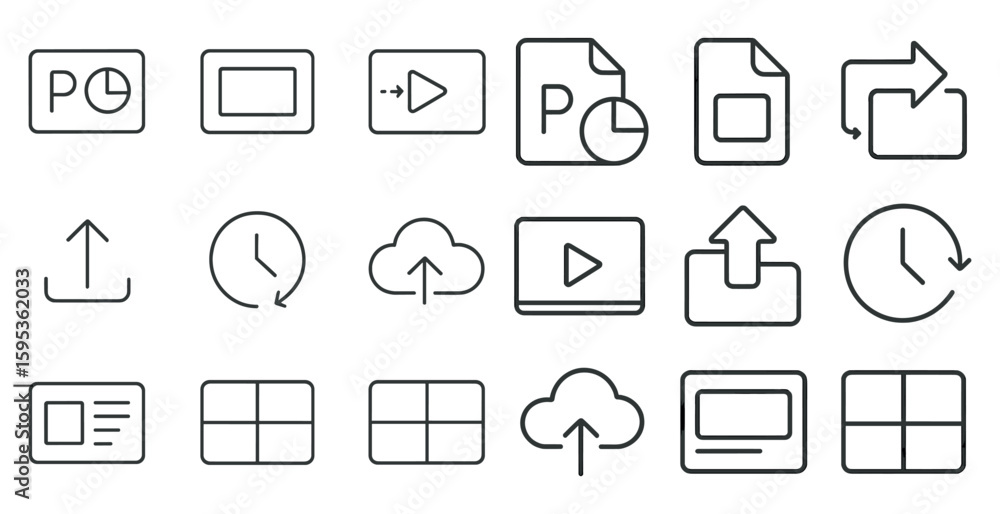 Poster set of icons for various computer functions. the icons include a clock, a cloud, a video, a file, an