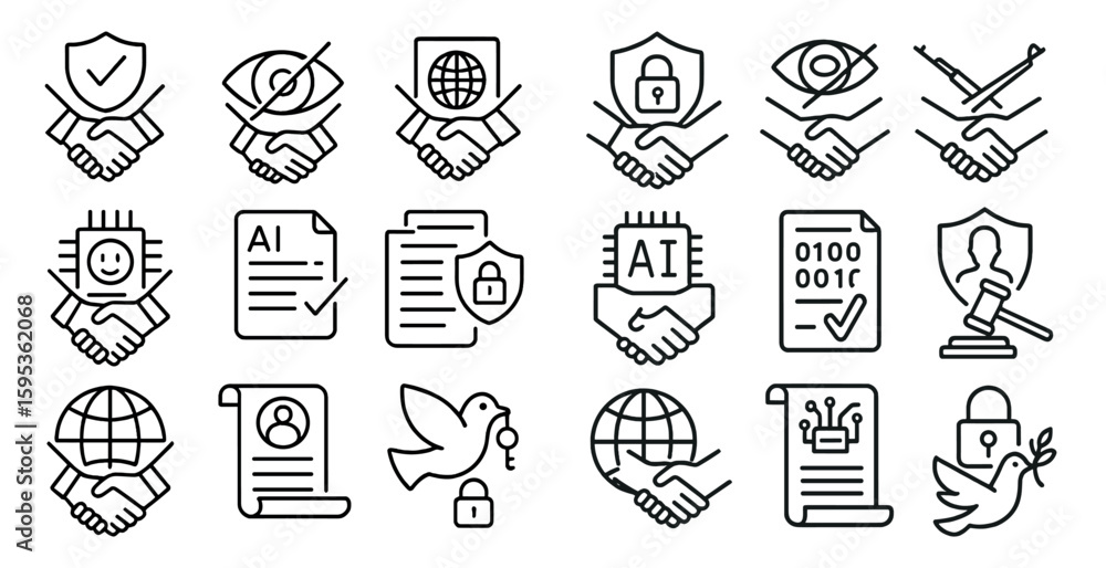 Fototapete Set of icons that represent different types of agreements and contracts. The icons include a handshake, a key, a globe, a person, a bird, a person with a smile, a person with a frown