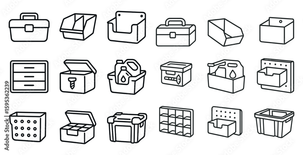 Poster collection of storage containers in various shapes and sizes. some of the containers are open, while
