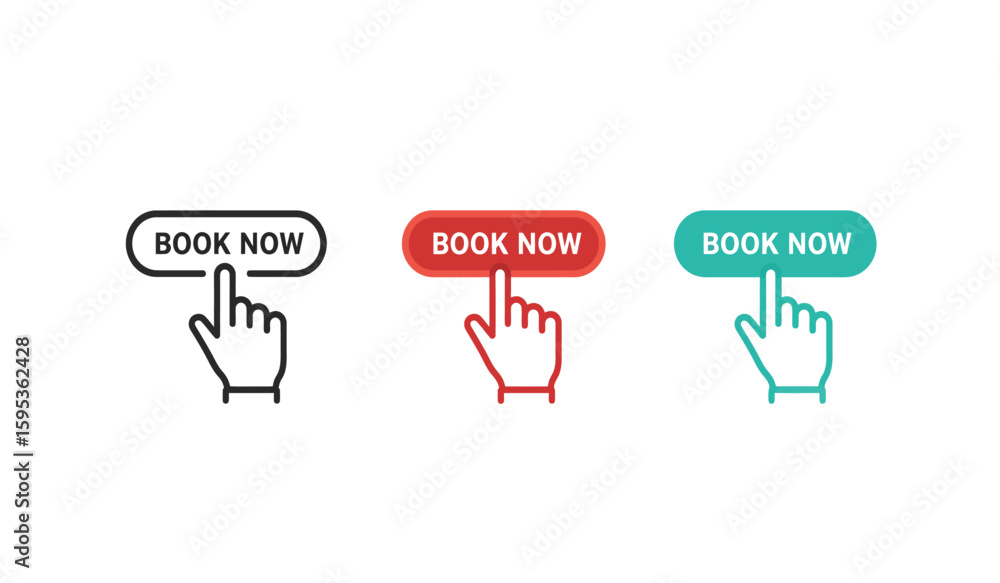 Poster three colorful book now buttons with hand cursor on white background