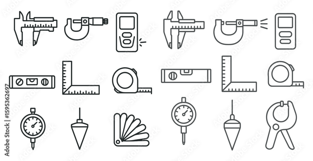 Poster collection of tools and measuring devices are shown in a line drawing. the tools include a tape meas