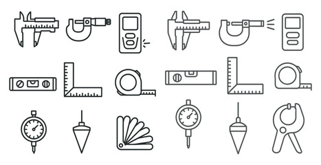 Collection of tools and measuring devices are shown in a line drawing. The tools include a tape measure, a level, a ruler, a protractor, and a compass. Concept of precision and accuracy