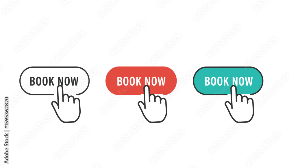 Poster book now button with hand cursor clicking on red call to action