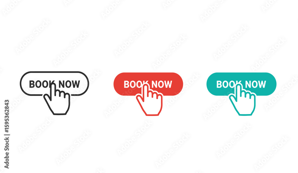 Poster book now button set with hand cursor vector illustration in different styles