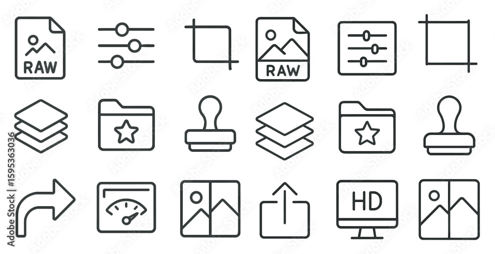 Fototapete The image is a collection of icons for various computer applications, such as Raw, HD, and HD. These icons are designed in a simple, minimalist style