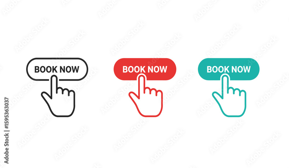 Poster book now button vector icons with hand pointer in multiple styles
