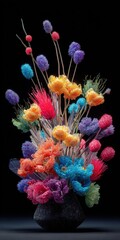 Colorful Handmade Floral Arrangement on Black Background.